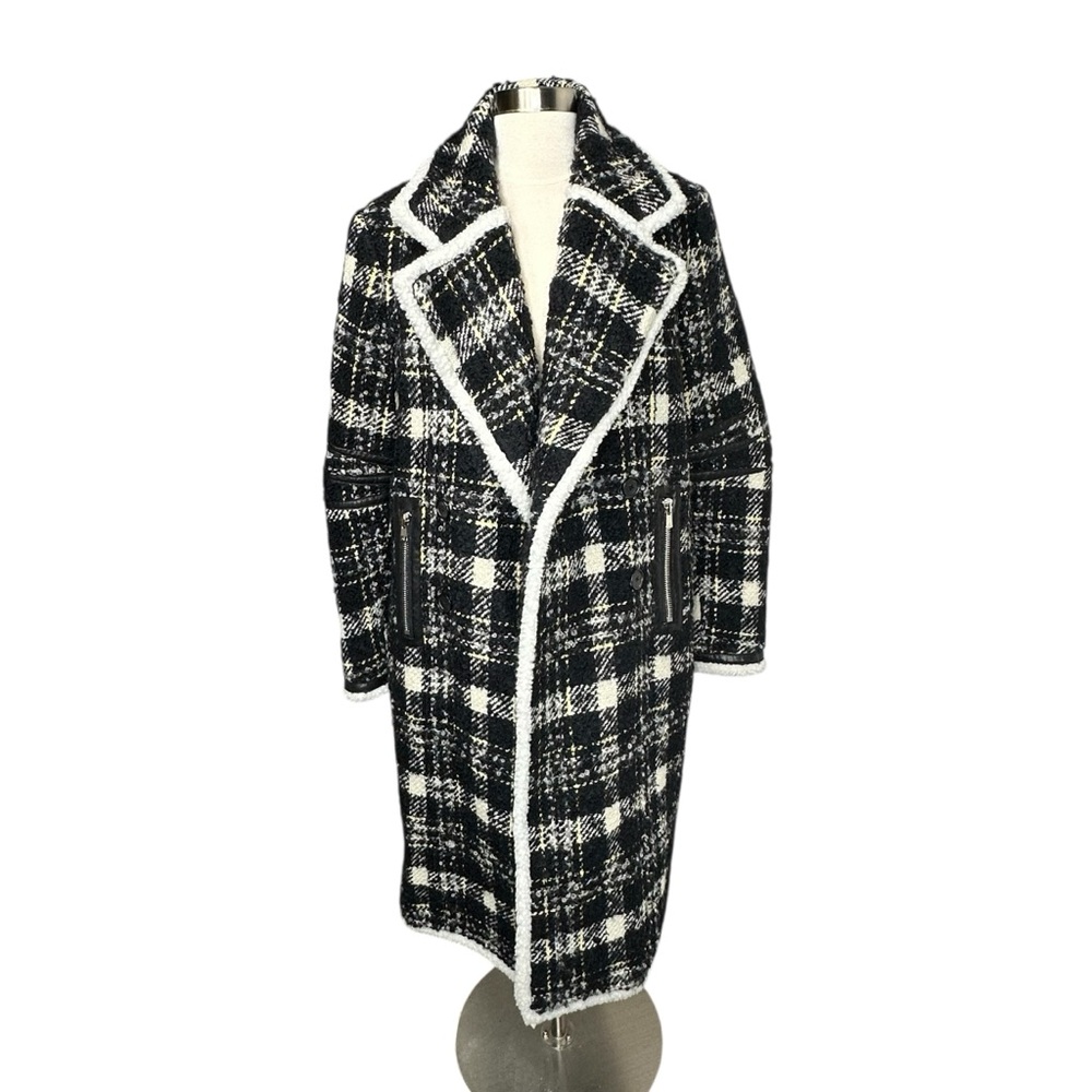 VERONICA BEARD Rare Mohair Coat • Black White Plaid Teddy Jacket Leather Accents